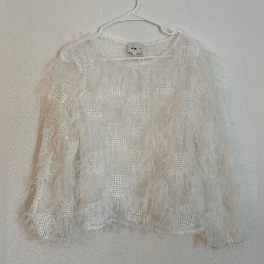 White Sheer Ruffle Tulle Blouse Sz S/M Ethereal Celestial Glam Textured Bratz